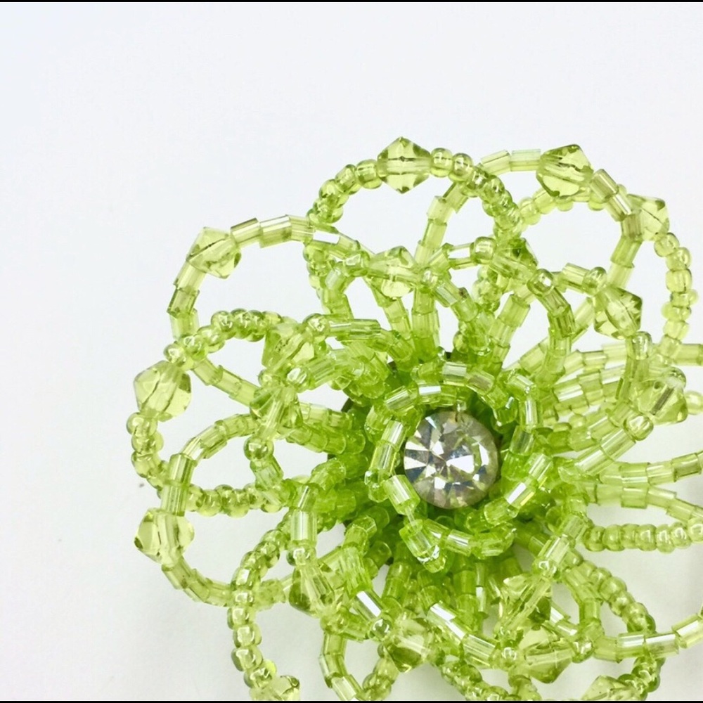 Seed Bead Flower Brooch Lime Green Rhinestone
